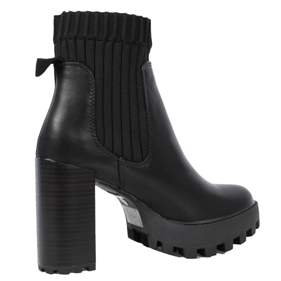 Black Round Toe Lug Platform Knit Panel Block Heel - Picture 4 of 7